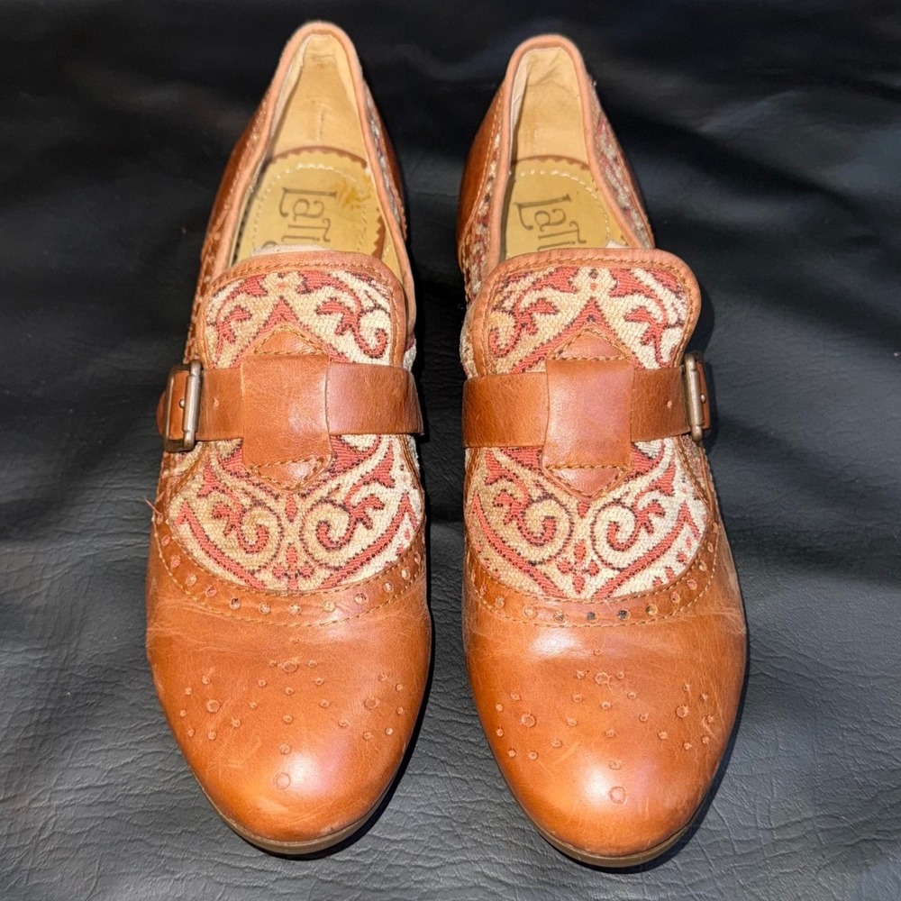 Latigo F-Troop Leather Tapestry‎ Monk Strap Loafers Cognac Brown 7.5M